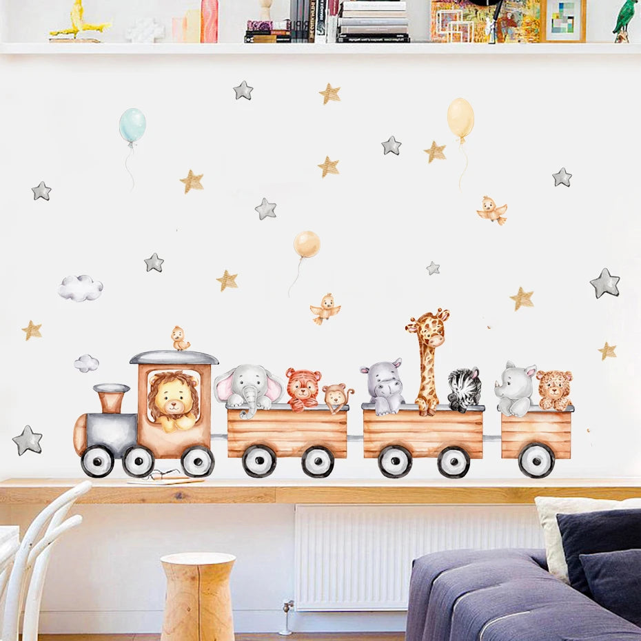 Animals Wall Stickers for Kids Rooms Girls Boys Baby Room Decoration Giraffe Elephant Train Birds Star Wallpaper