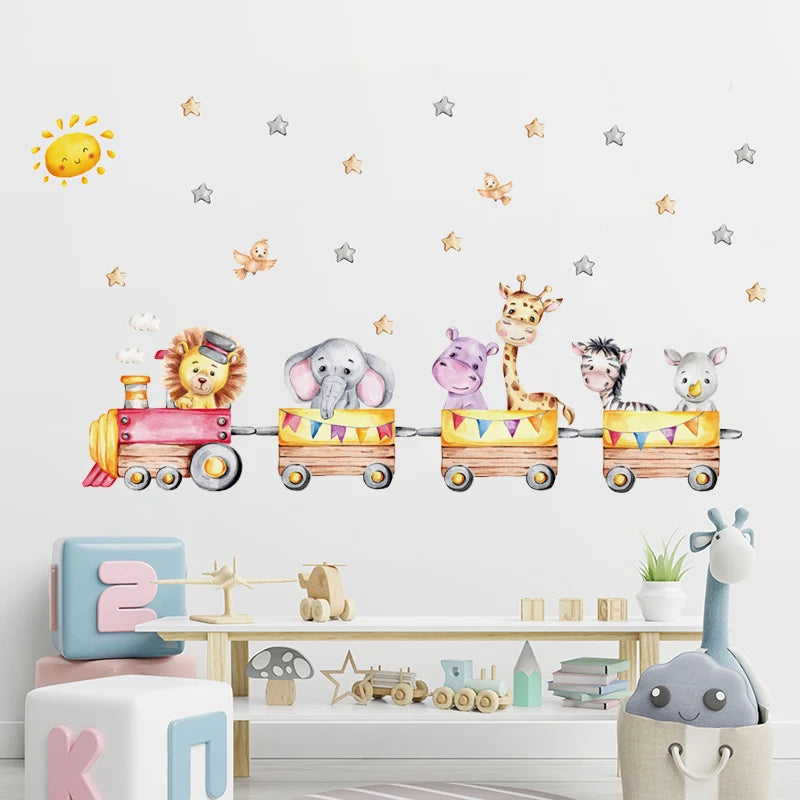 Animals Wall Stickers for Kids Rooms Girls Boys Baby Room Decoration Giraffe Elephant Train Birds Star Wallpaper